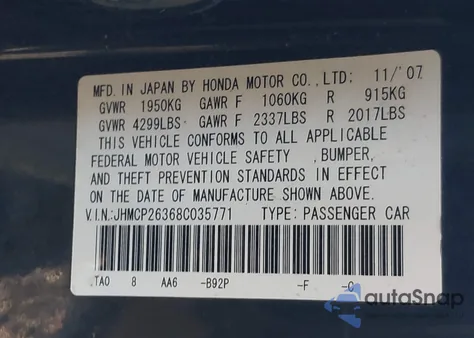 2008 Honda Accord 2.4 Lx from USA, damaged, VIN JHMCP26368C035771